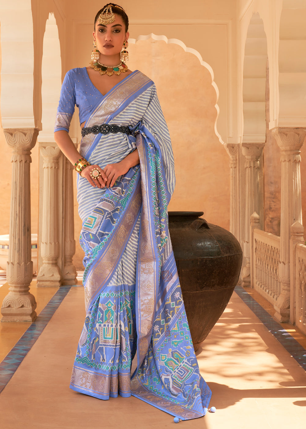 Cove Blue Patola Silk Saree