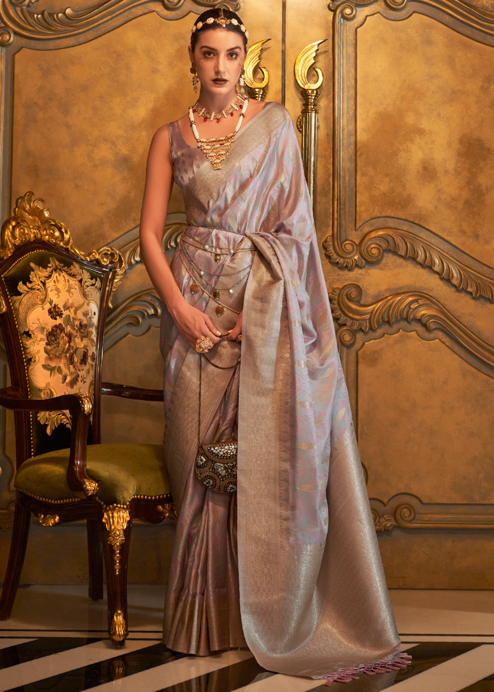 Cold Turkey Grey Banarasi Satin Silk Saree