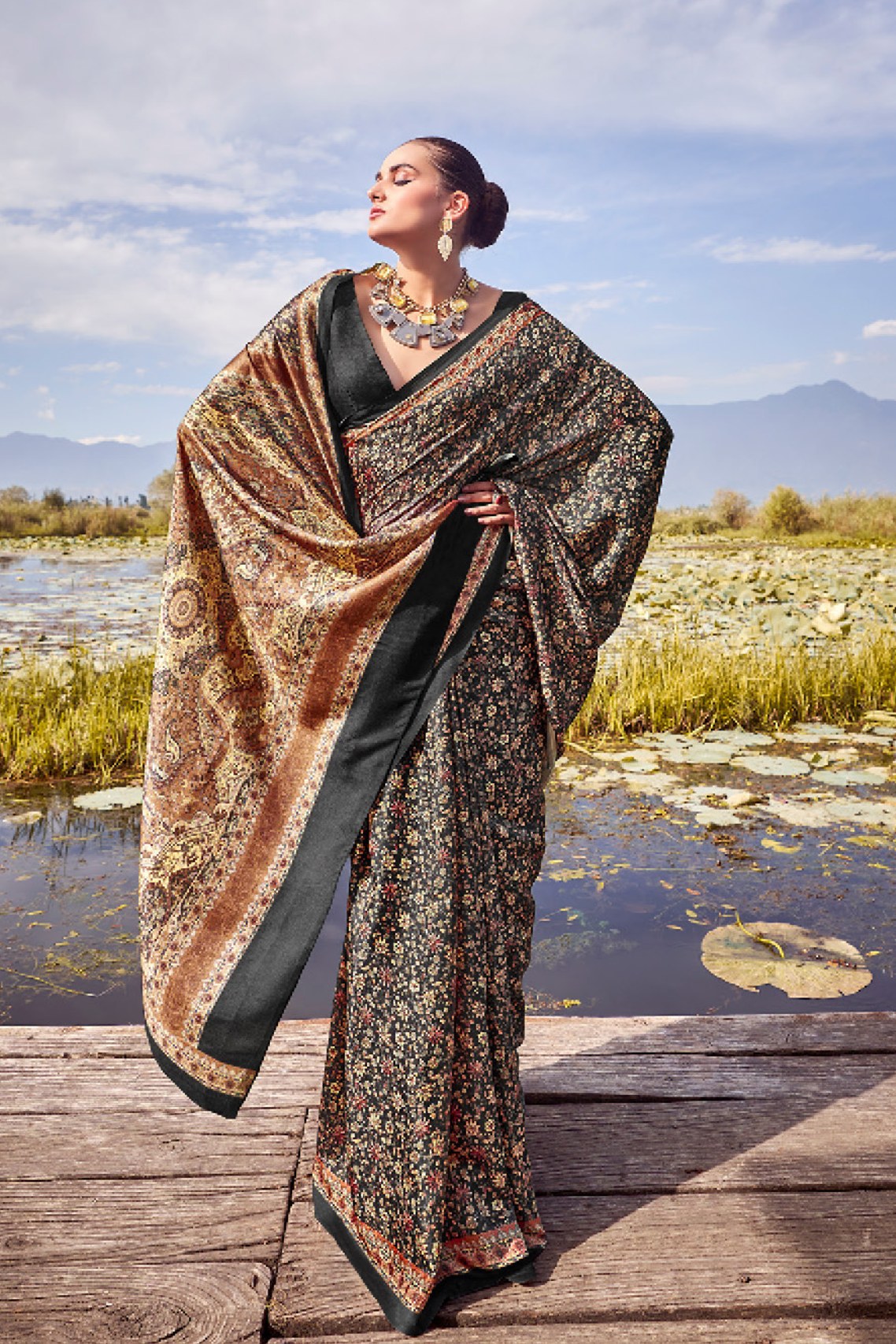 Cape Cod Black Printed Pashmina Silk Saree