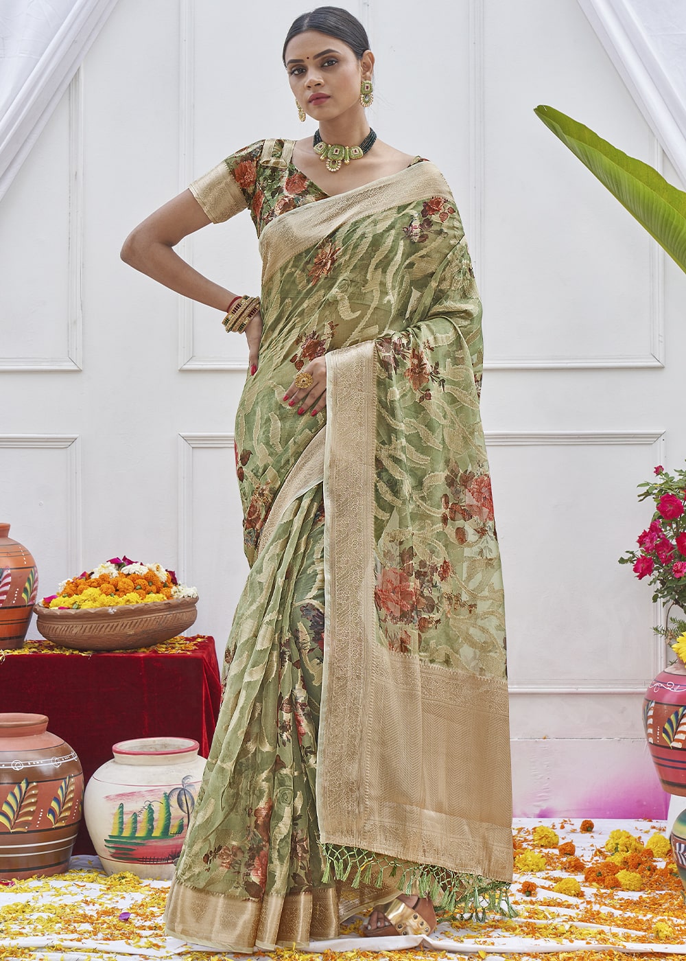 Sage Green Digital Printed Organza Silk Saree