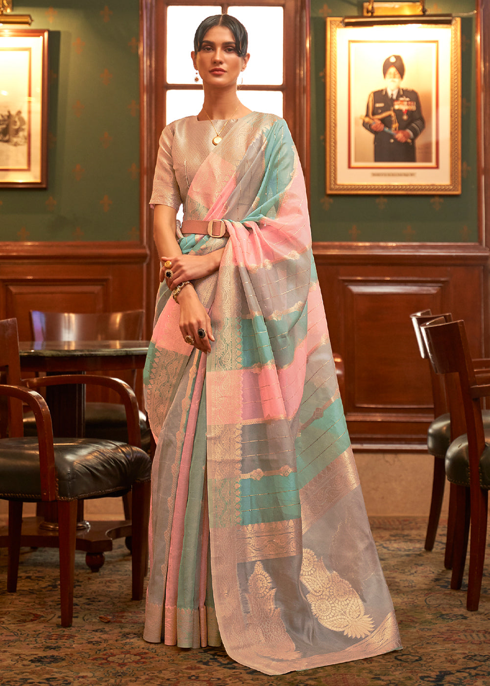 Envy Blue Grey and Pink Zari Woven Banarasi Organza Saree