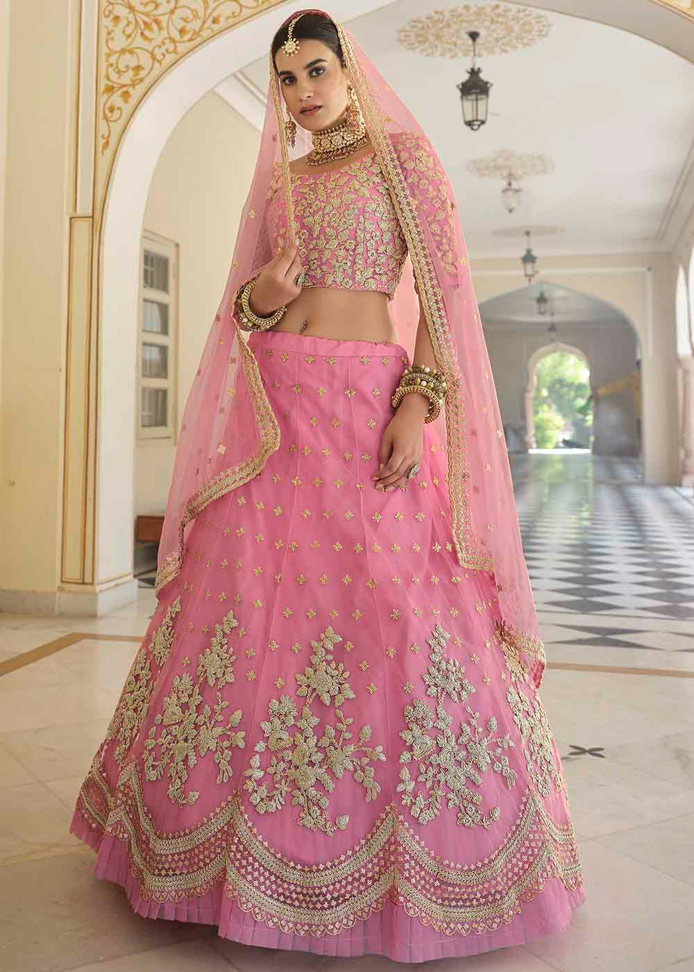 Charm Pink Soft Net Designer Lehenga Choli With Dori & Sequins Work