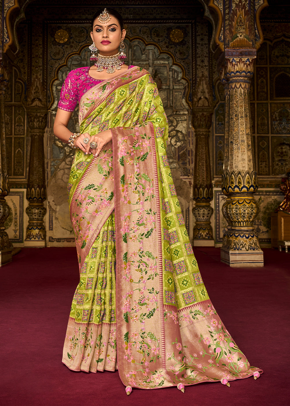 Earls Green and Pink  Patola Printed Dola Silk Saree With Embroidered Blouse