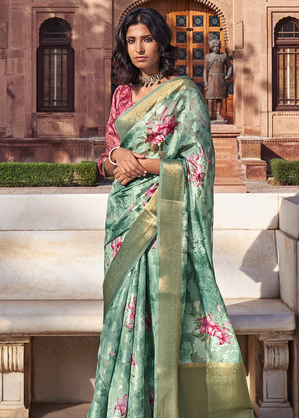 Envy Green Digital Printed Banarasi Cotton Saree