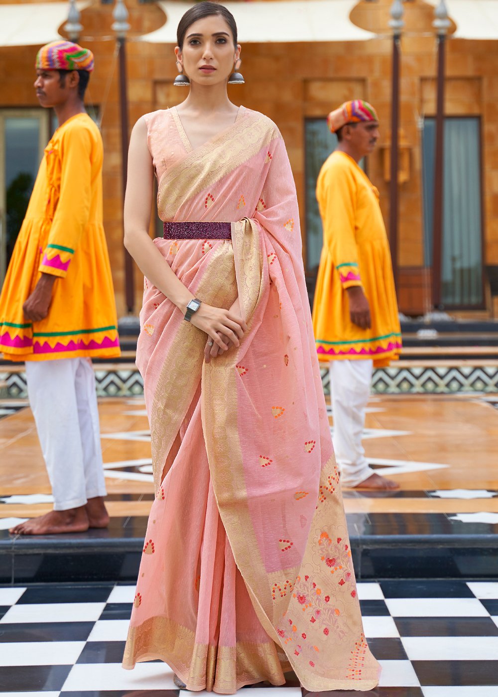 My Blush Pink Zari Woven Banarasi Linen Saree