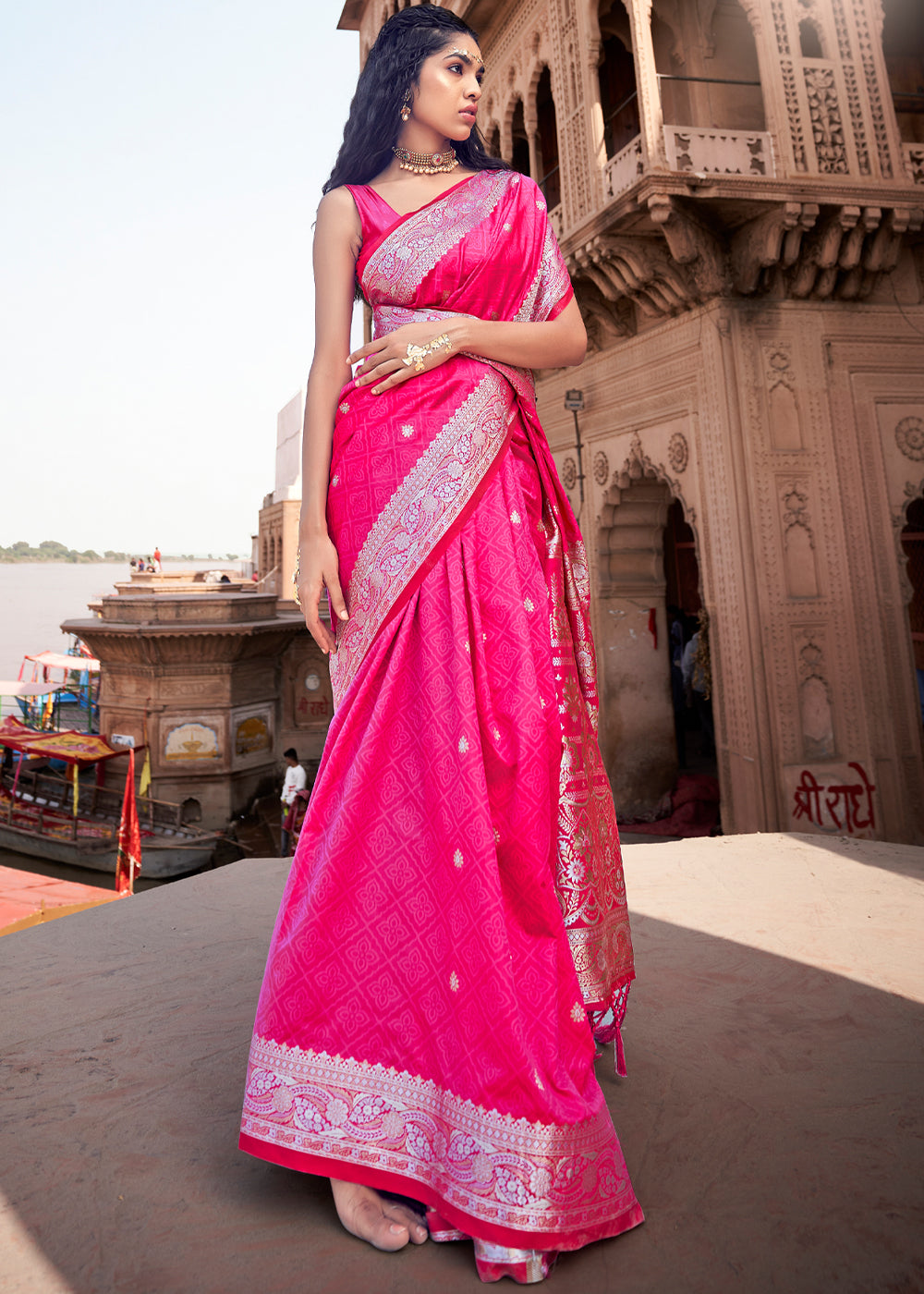 Rose Pink Woven Banarasi Satin Silk Saree