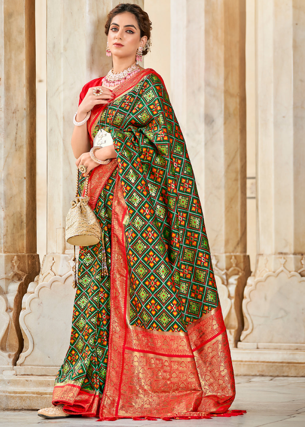 Kelp Green and Red Zari Woven Patola Saree