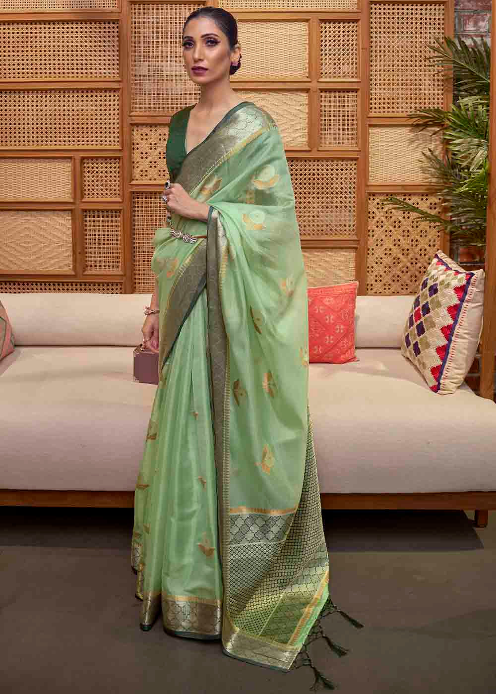 Asparagus Green Zari Woven Two Tone Organza Saree