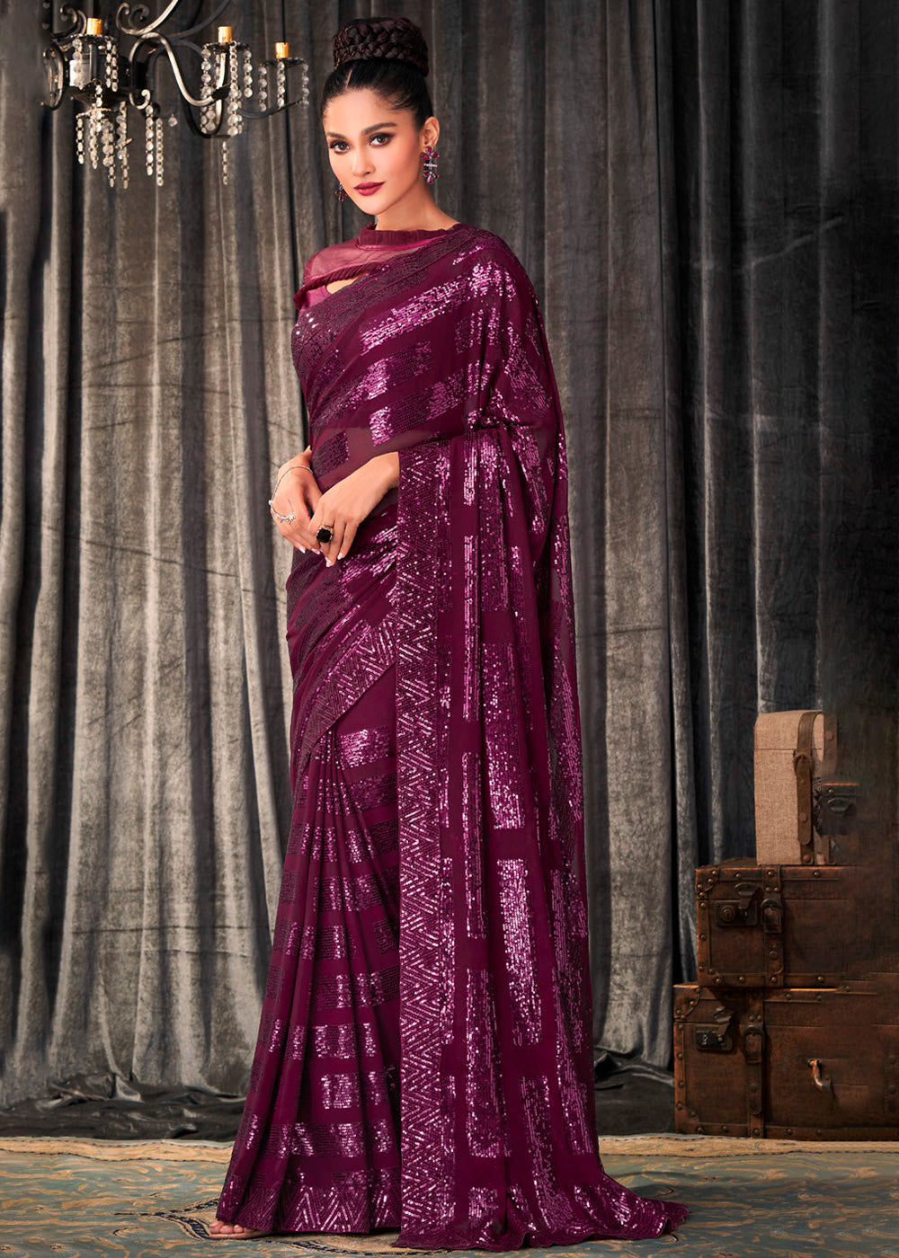 Cosmic Purple Sequins Embroidered Designer Georgette Saree