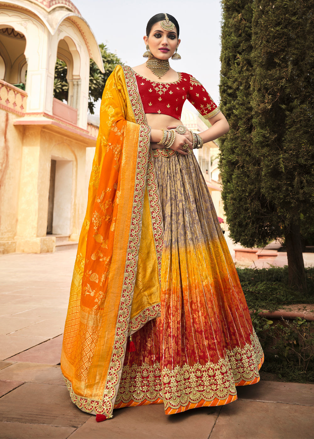 Beaver Brown and Orange Heavy Embroidered Lehenga