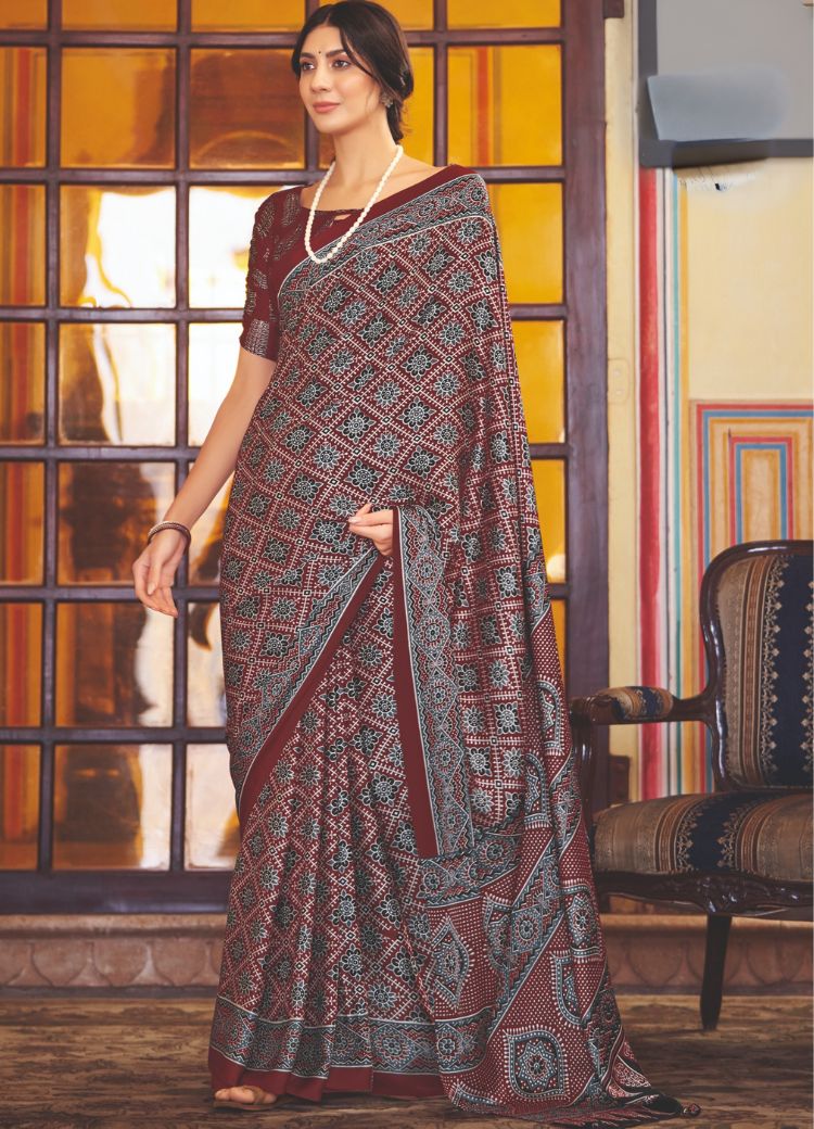 Metallic Copper Brown Ajrakh Printed Satin Crepe Saree