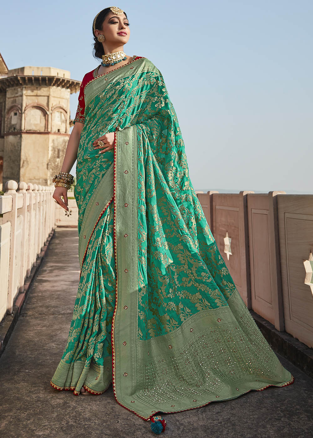 Shiny Green Zari Woven Banarasi Silk Saree with Embroidered Blouse