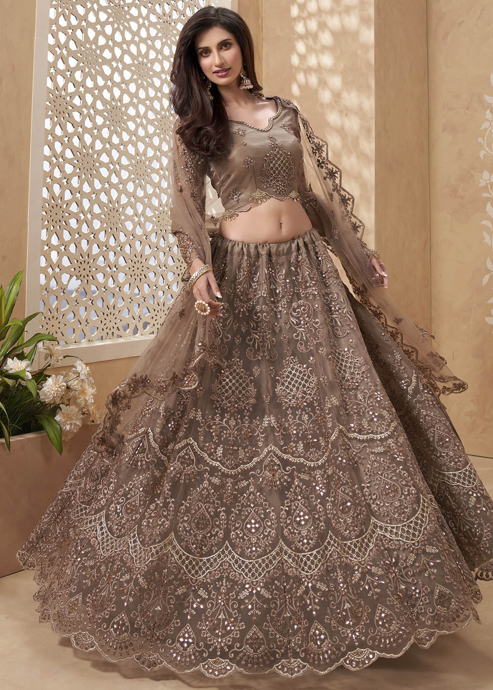 Blast Off Brown Designer Net Lehenga with Multi Thread Embroidery Work