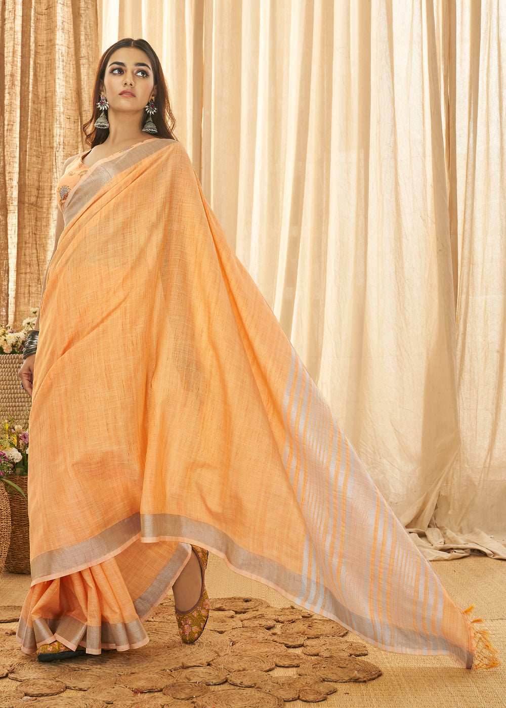 Sandy Orange Zari Woven Linen Saree