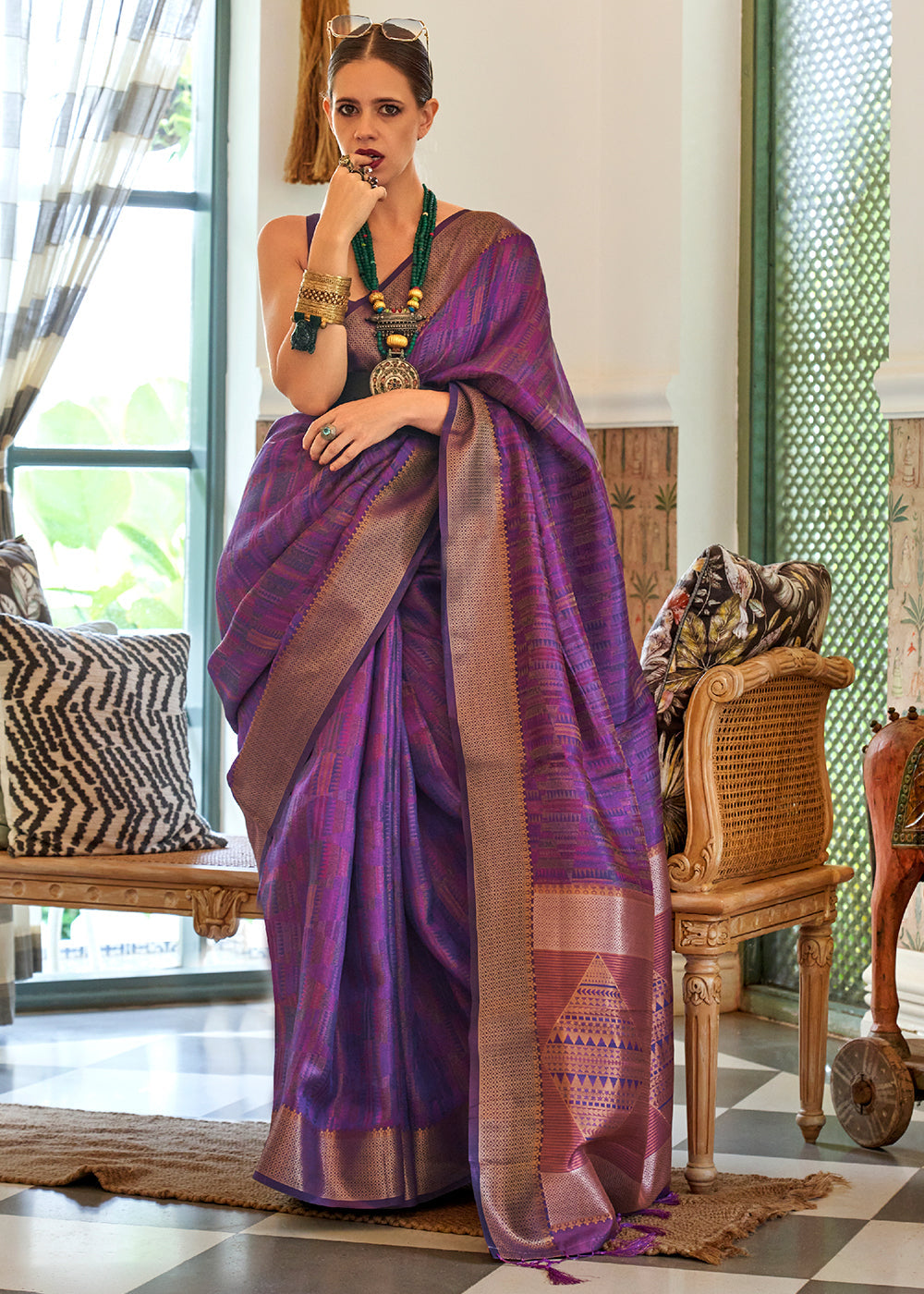 Cosmic Purple Handloom Organza Silk Saree by bollywood actress Kalki Koechlin