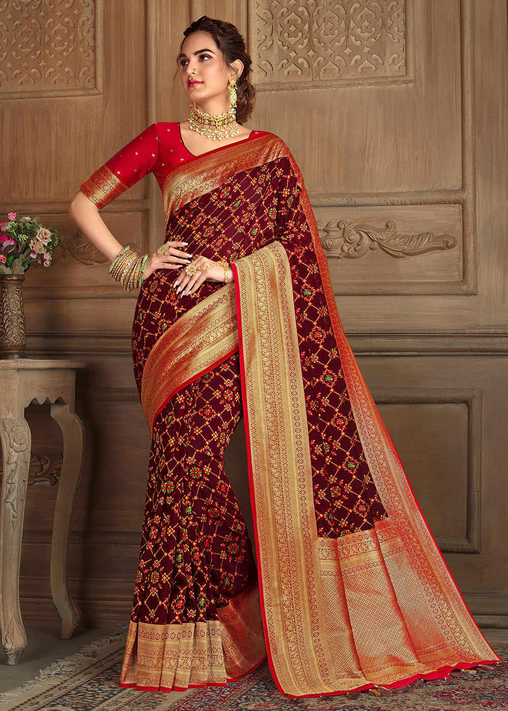 Heath Brown and Red Zari Woven Banarasi Saree