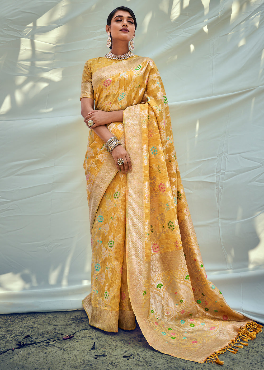 Mustard Yellow Zari Woven Banarasi Linen Saree