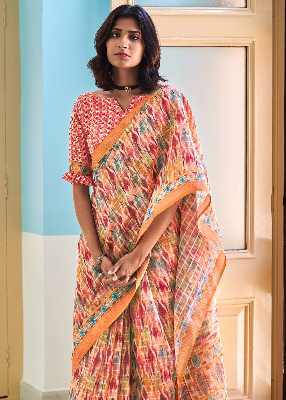 Petite Pink Printed Linen Saree