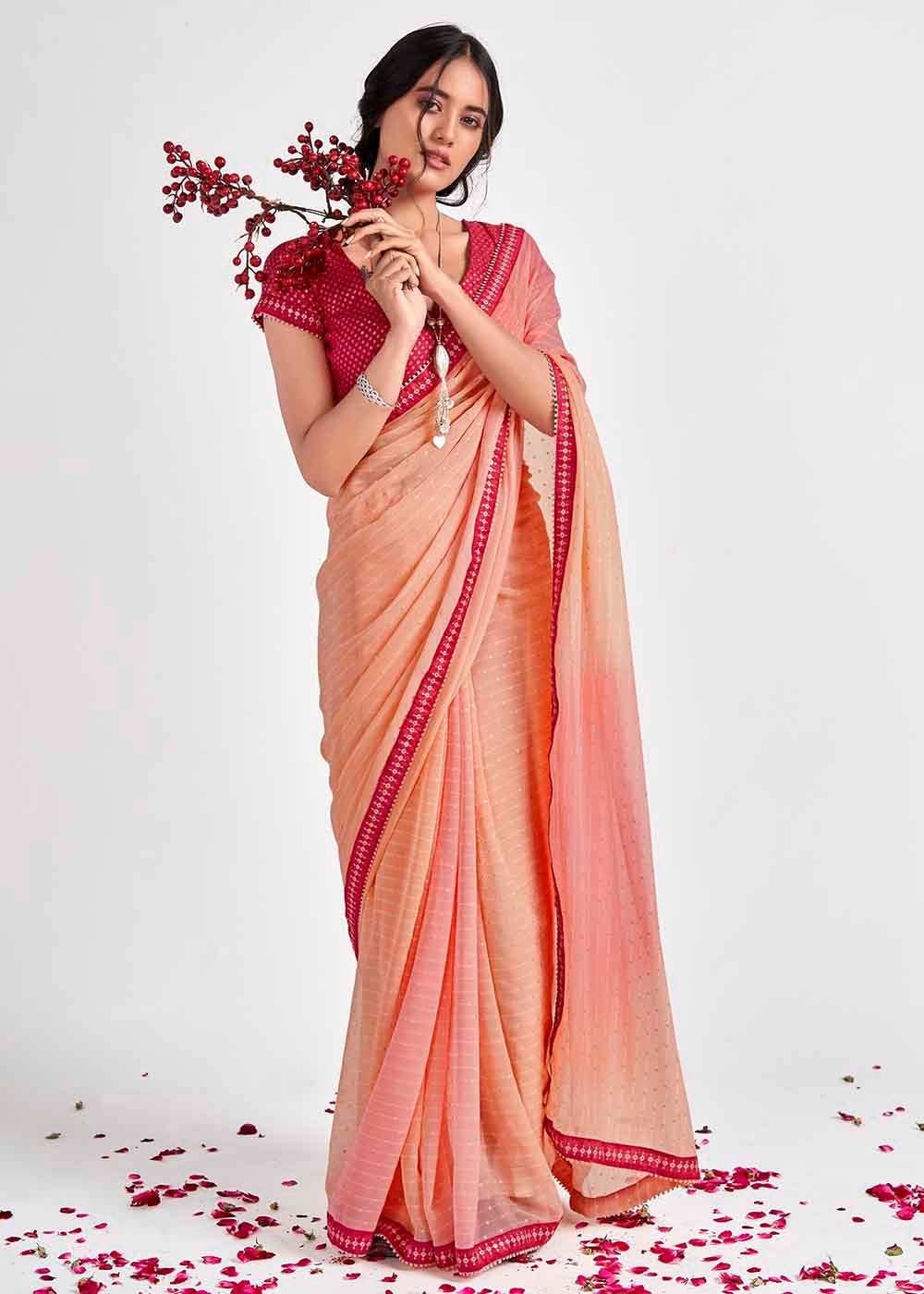 Tacao Peach Printed Georgette Saree