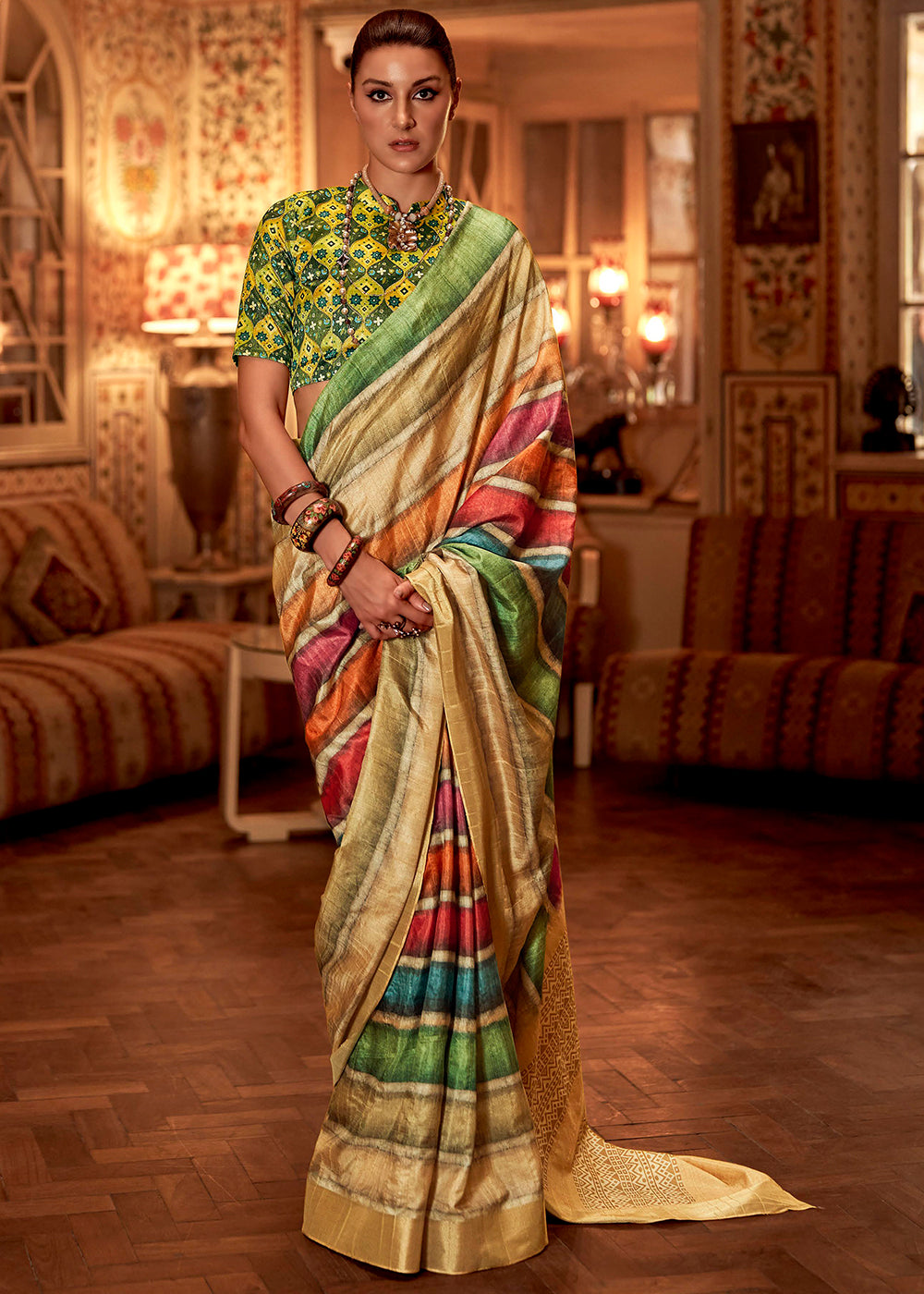 Aztec Multicolored Cream and Green Printed Banarasi Saree