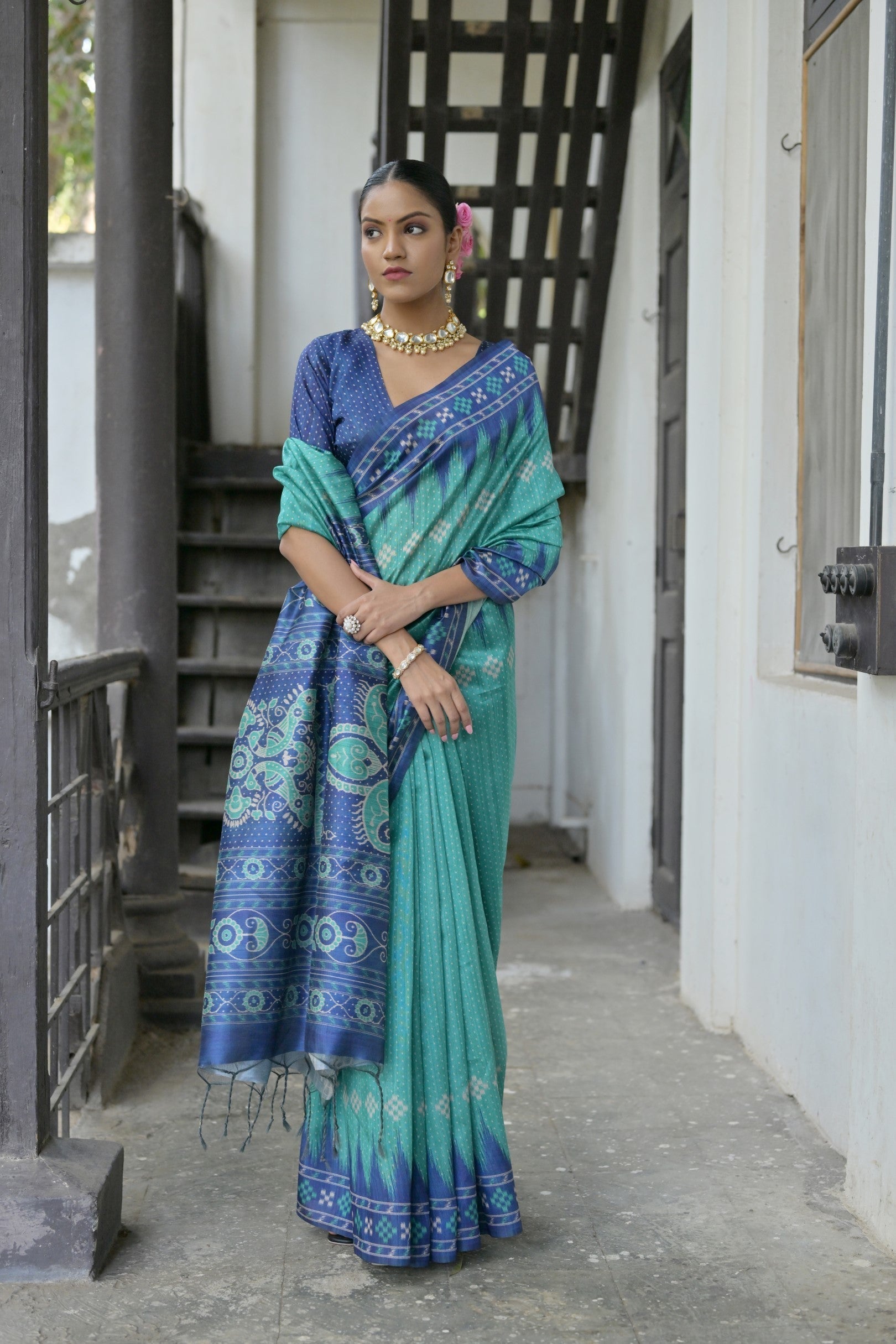 Fountain Green and Blue Printed Tussar Silk Saree