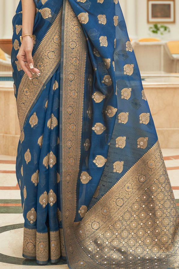 San Marino Blue Zari Woven Organza Silk Saree