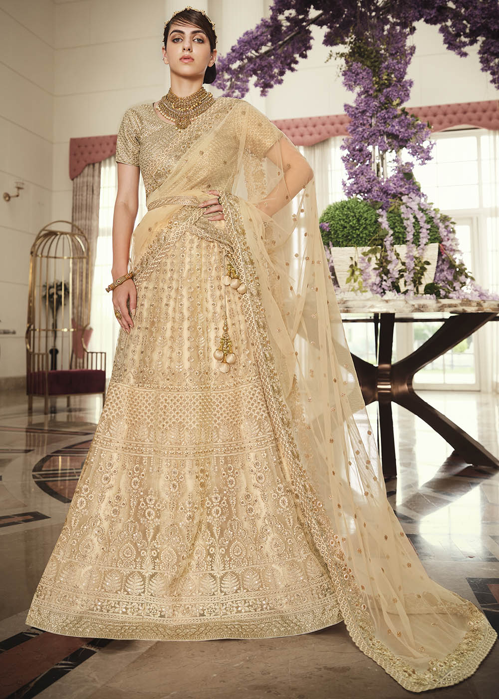 Peach Cream Net Designer Lehenga With Heavy Embroidered Work