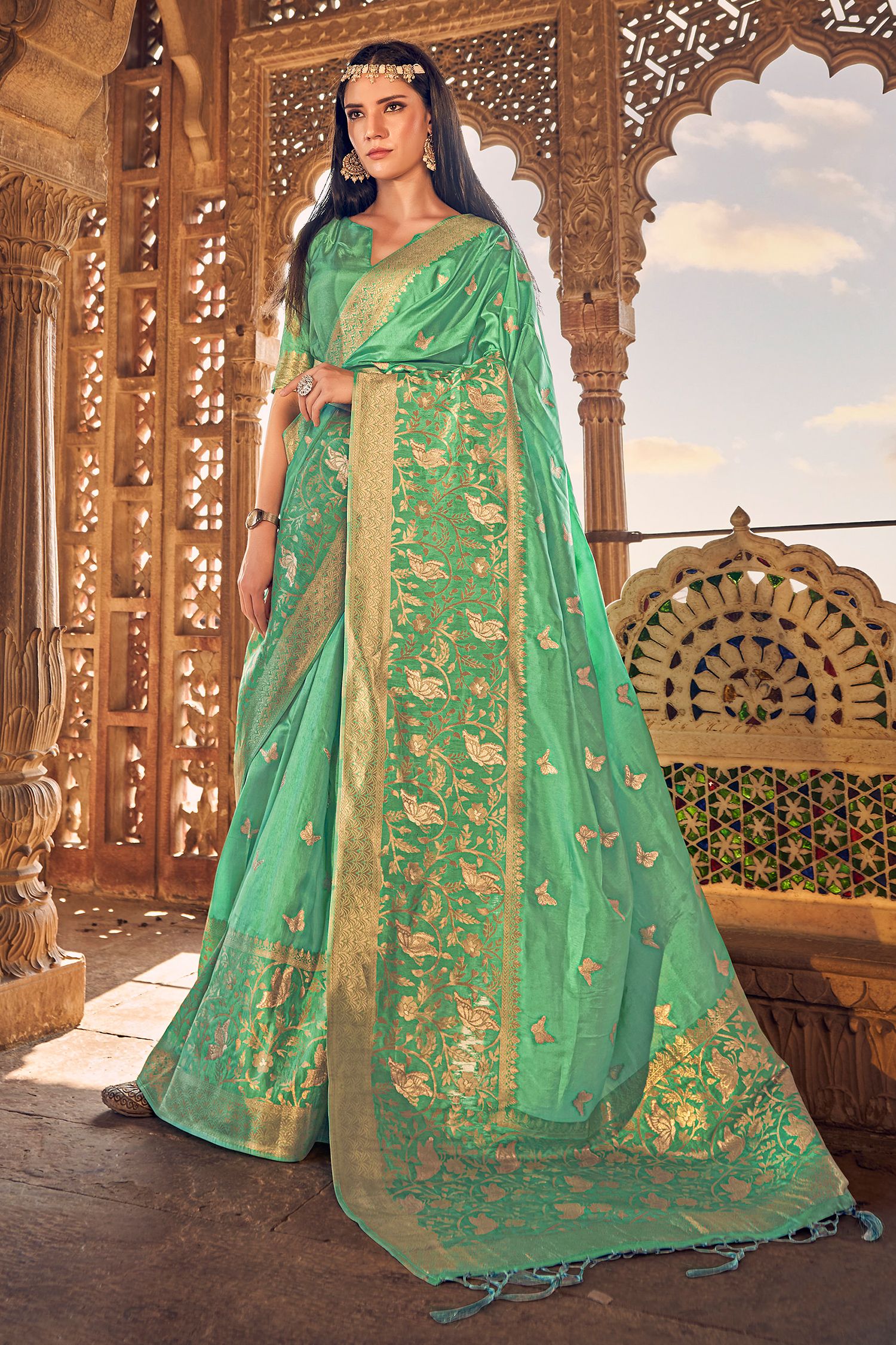 Olivine Green Banarasi Woven Silk Saree