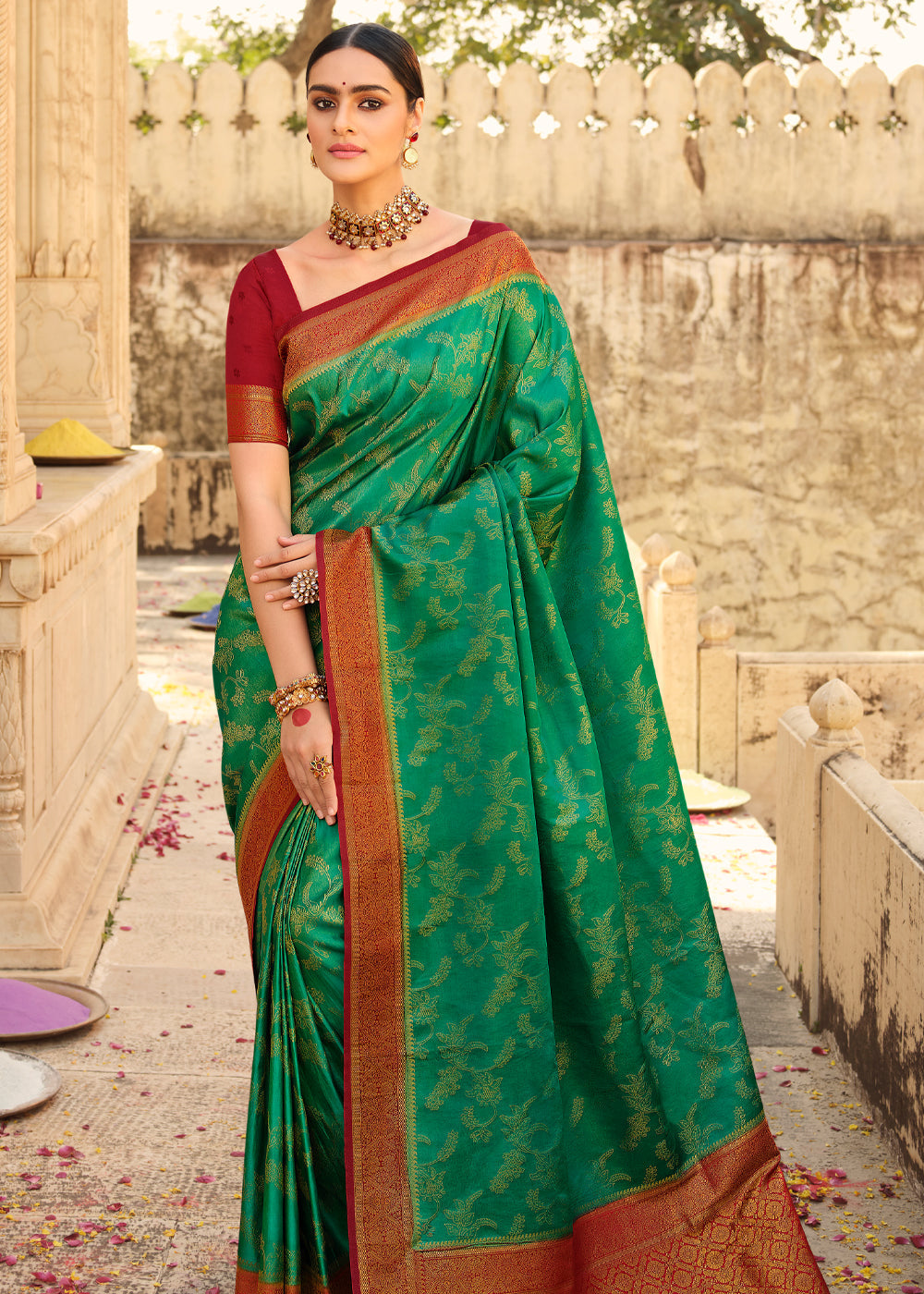 Goblin Green & Red Zari Woven Kanjivaram Saree