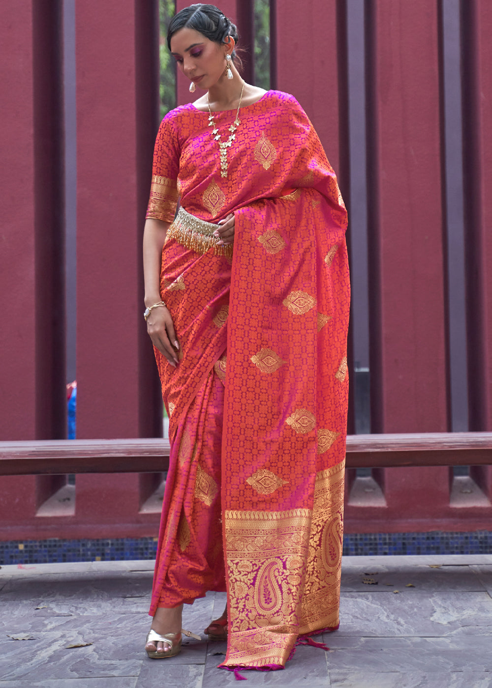 Red Damask Banarasi Woven Satin Silk Saree