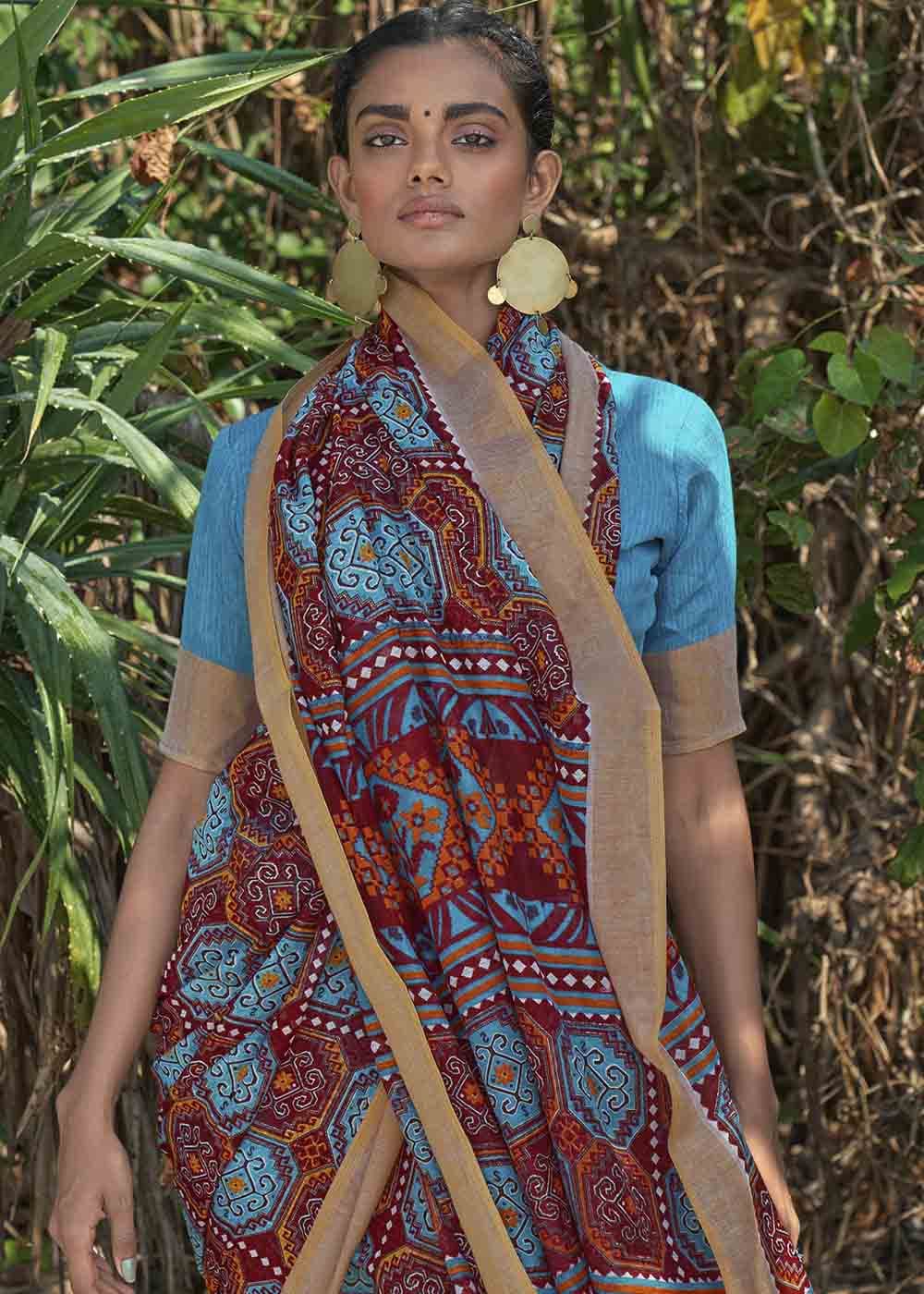 Copper Rust Brown and Blue Printed Cotton Saree