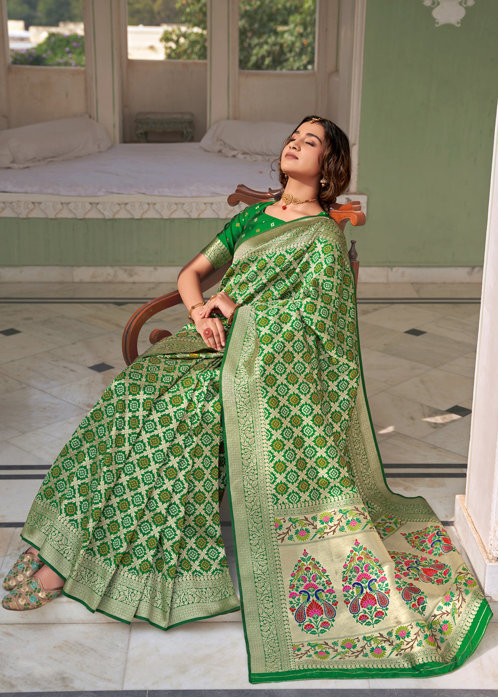 Highland Green Zari Woven Banarasi Brocade Saree