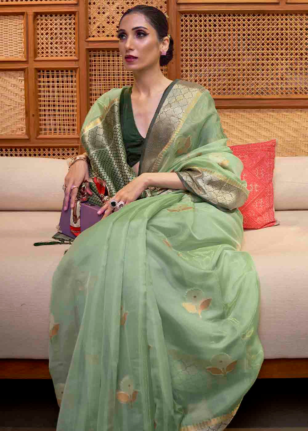 Asparagus Green Zari Woven Two Tone Organza Saree