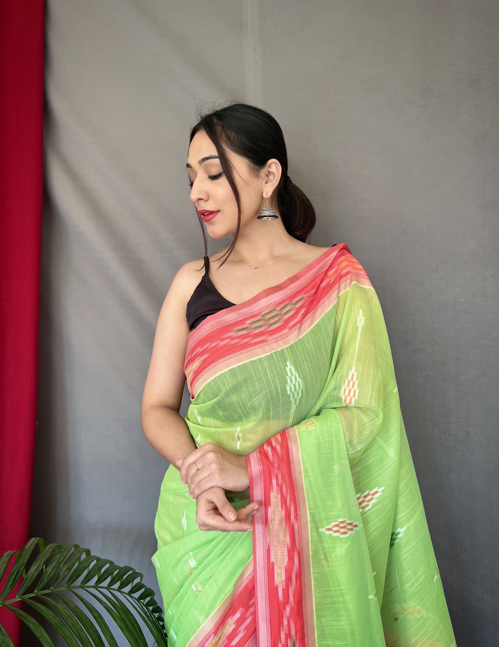 Feijoa Green Ikat Woven Cotton Silk Saree