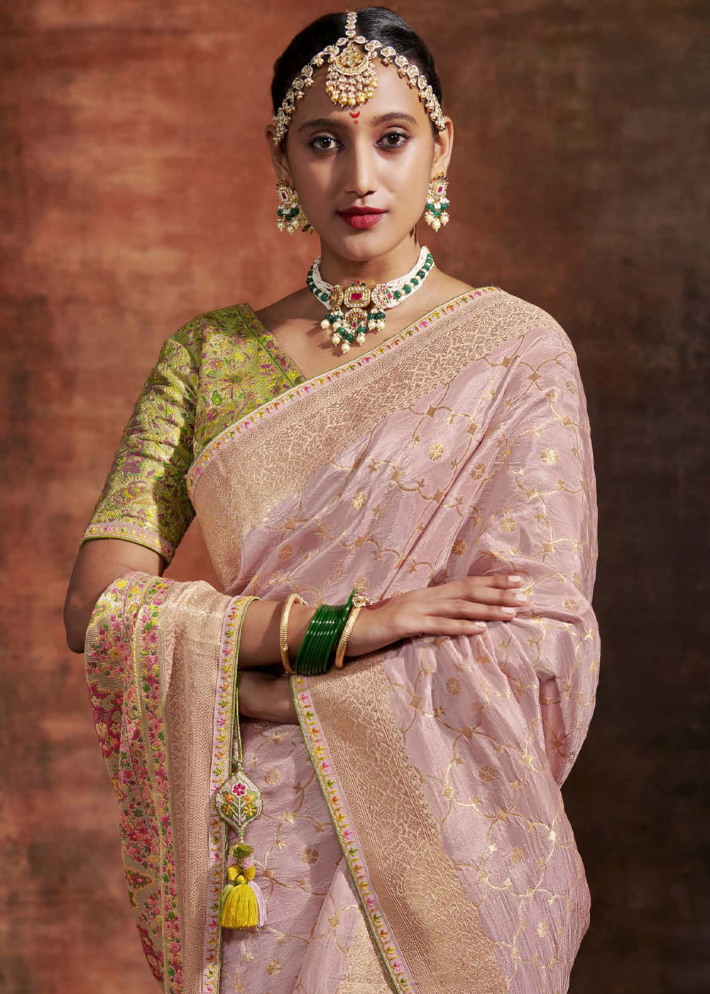 Mandys Pink Woven Banarasi Soft Silk Saree