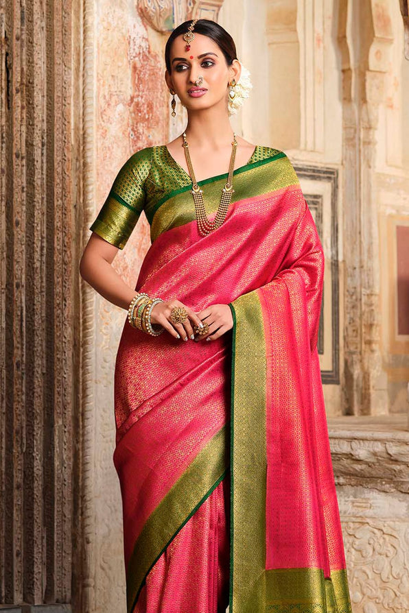 Mandy Pink and Green Zari Woven Kanjivaram Saree