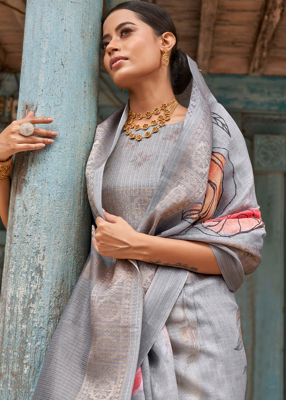 Quick Silver Grey Floral Printed Linen Silk Saree