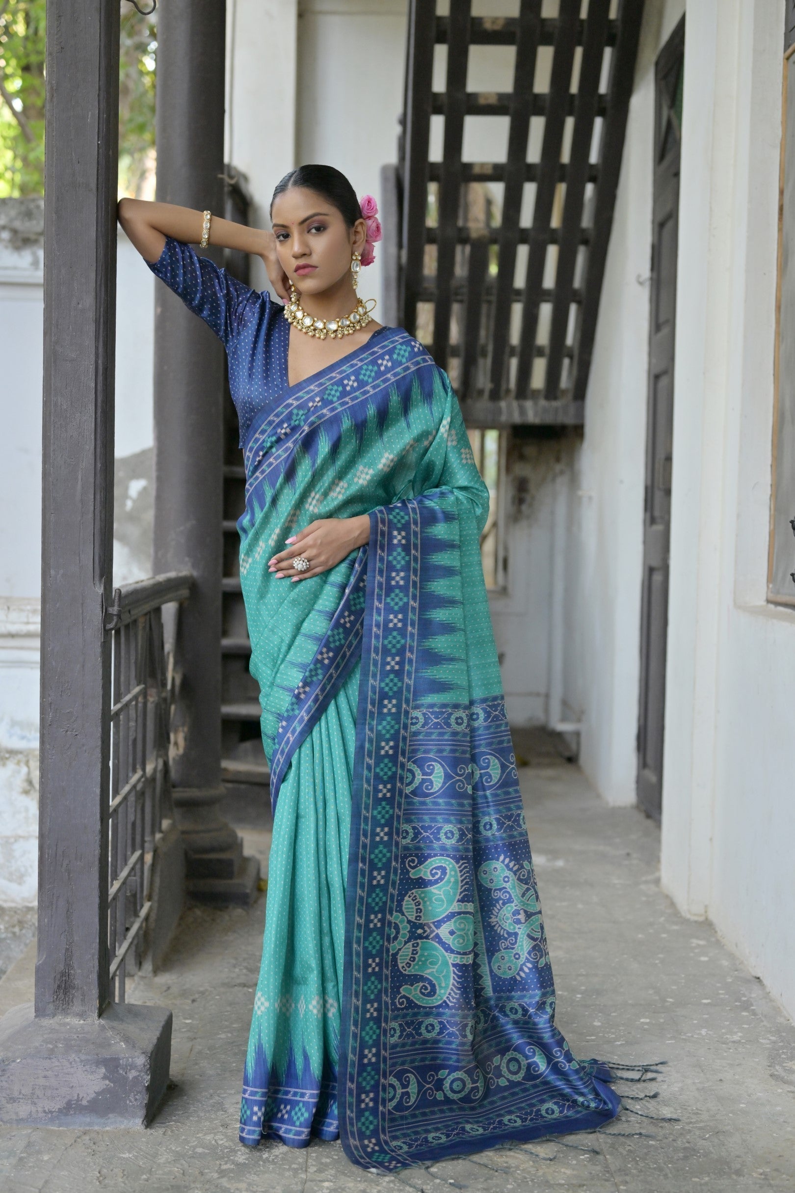 Fountain Green and Blue Printed Tussar Silk Saree