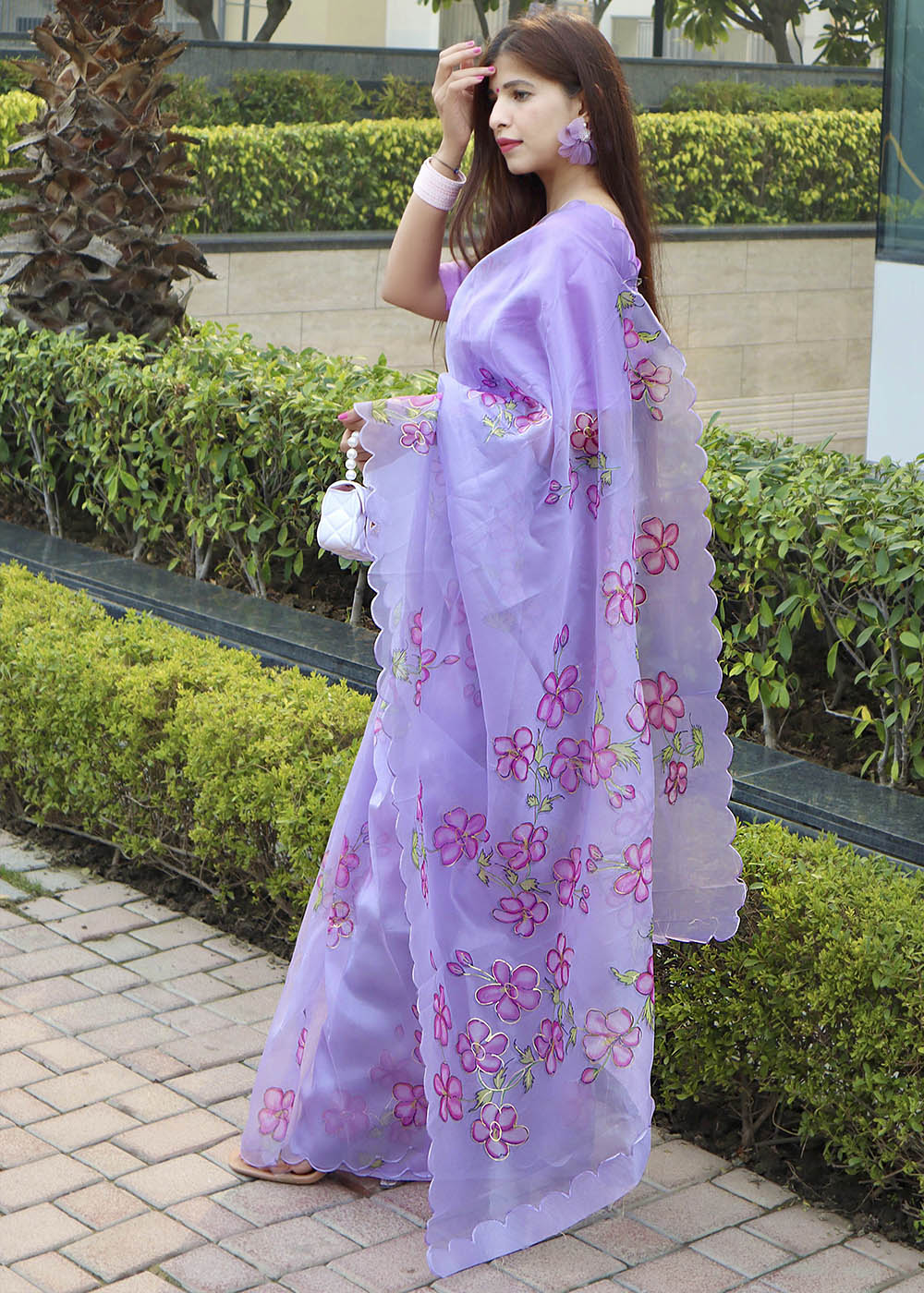 Mauve Purple Digital Floral Print Organza Saree