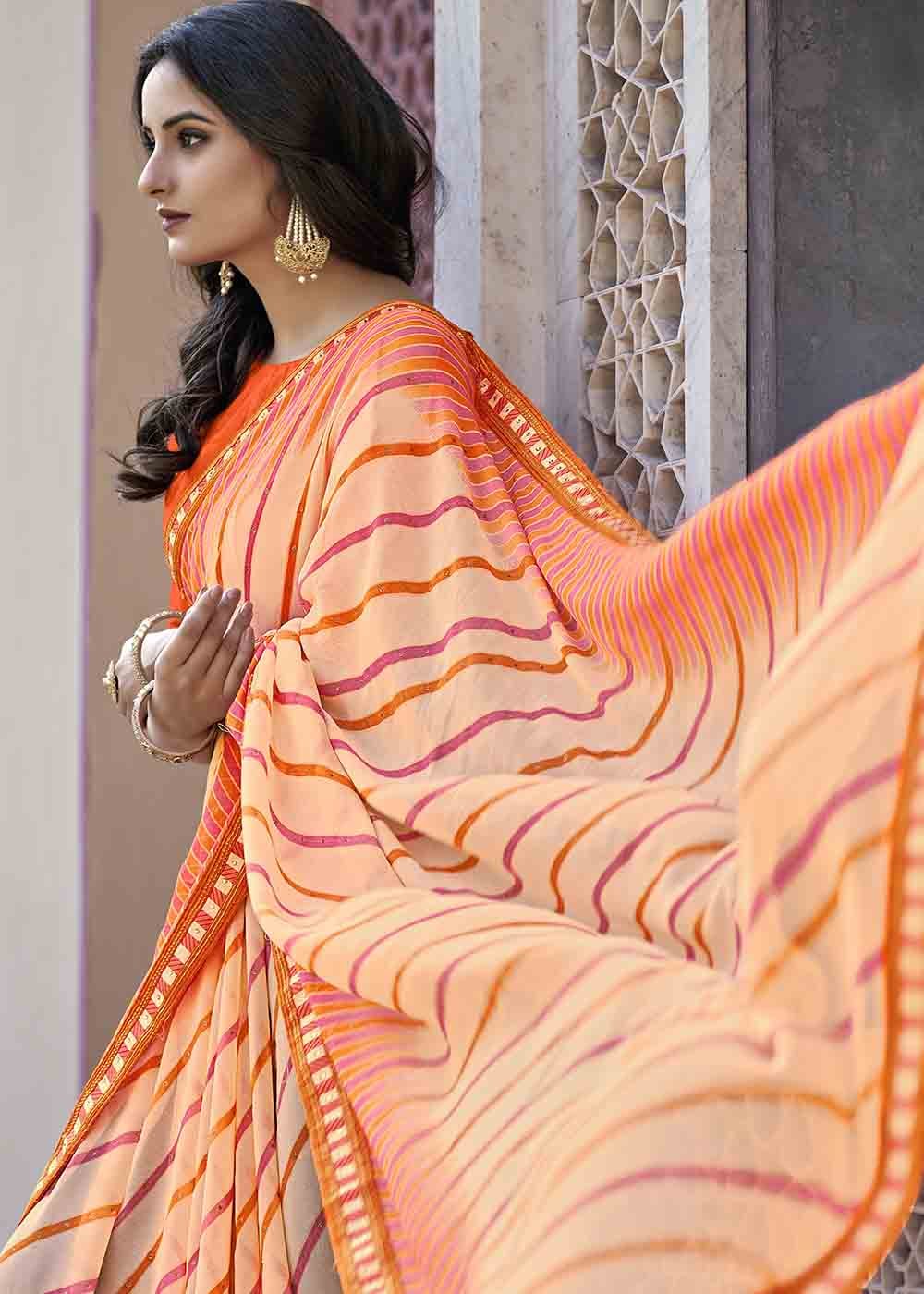 Heath Orange Printed Georgette Saree