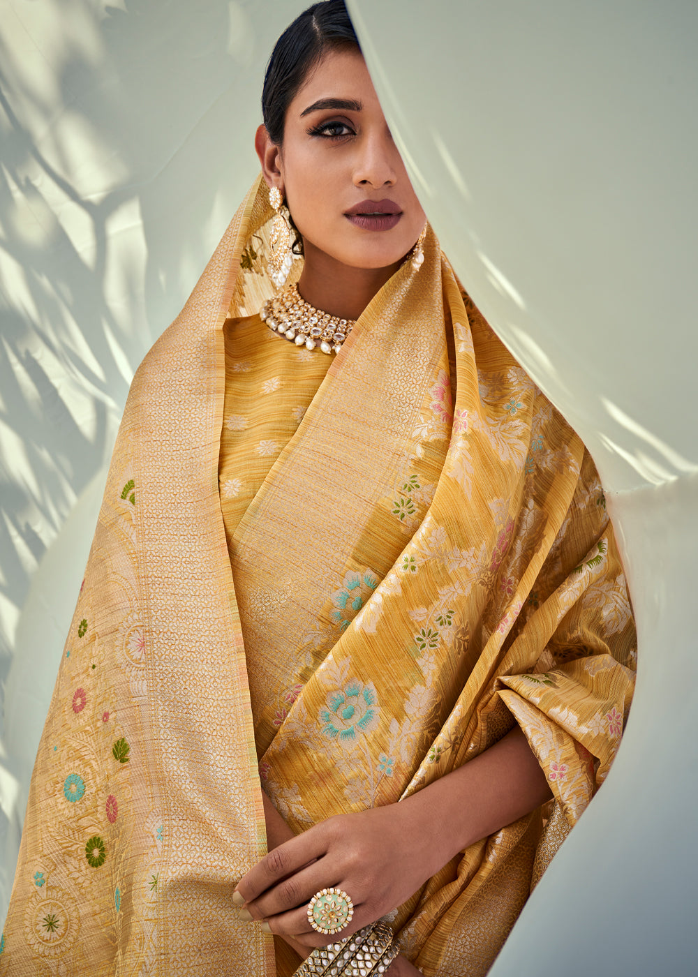 Mustard Yellow Zari Woven Banarasi Linen Saree