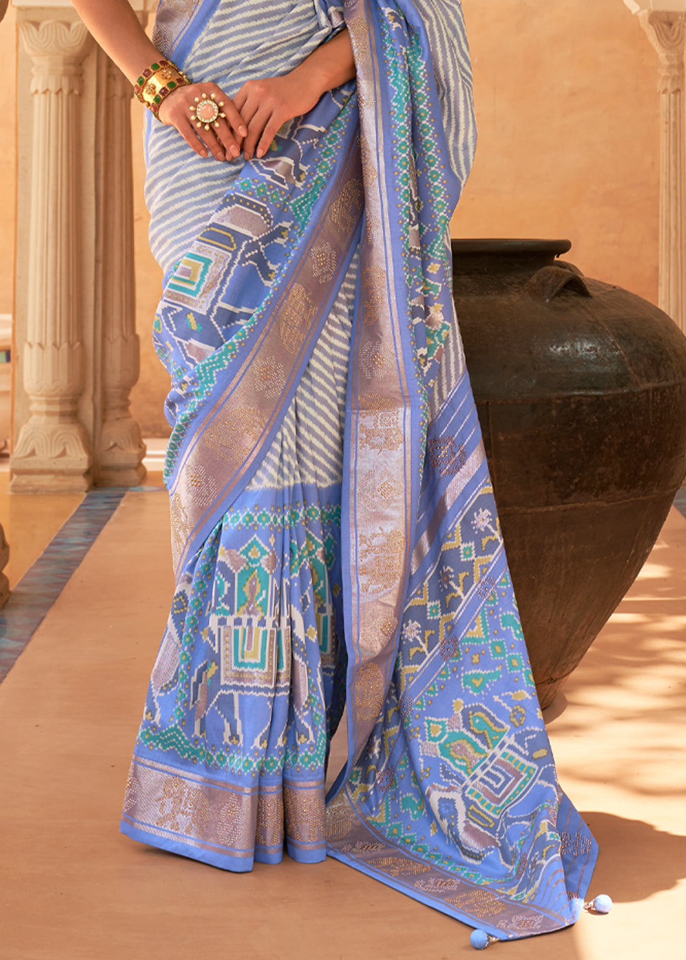 Cove Blue Patola Silk Saree