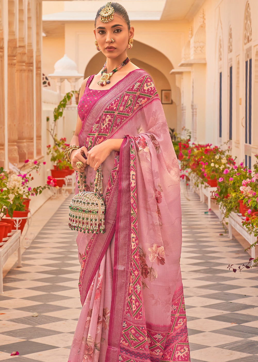 Froly Pink Printed Chiffon Patola Silk Saree