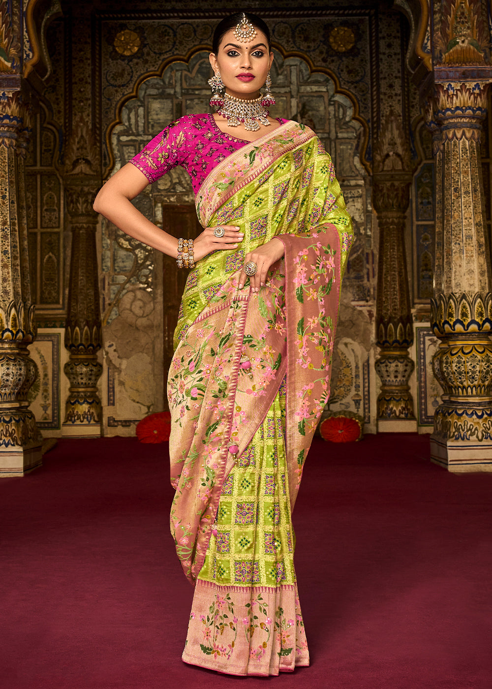 Earls Green and Pink  Patola Printed Dola Silk Saree With Embroidered Blouse