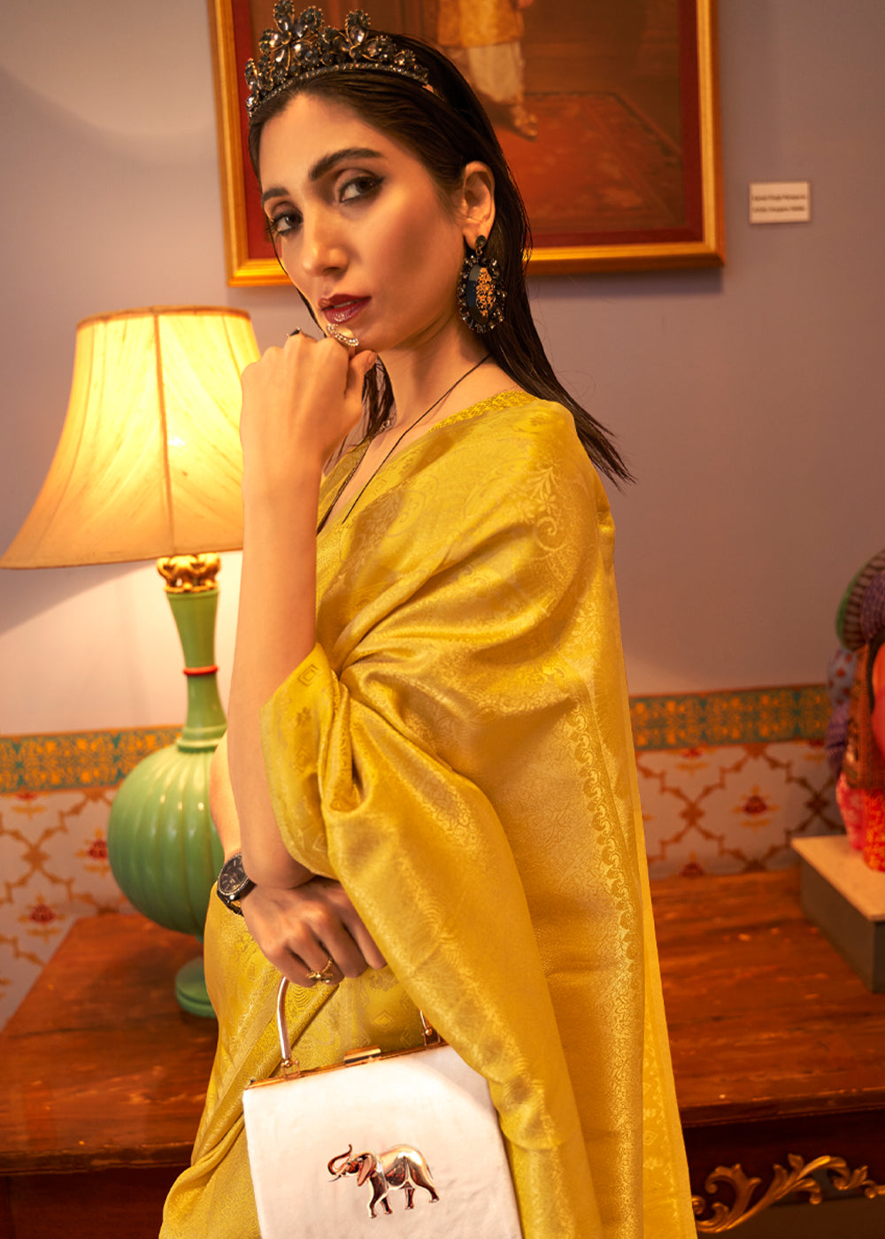 Golden Yellow Dual tone Satin Banarasi Saree