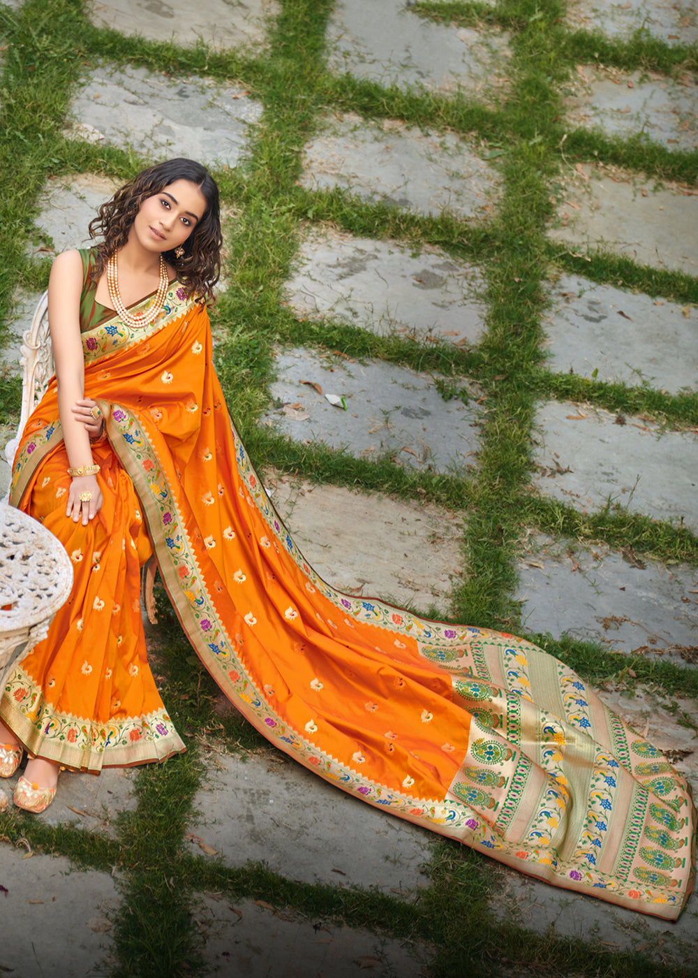 Flamingo Orange and Green Zari Woven Banarasi Paithani Saree