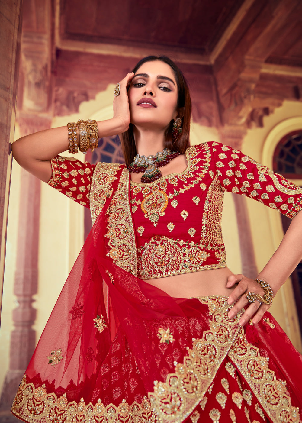 Persian Red and Orange Heavy Embroidered Designer Lehenga