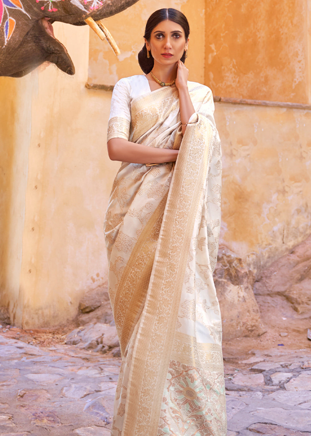 Almond White Zari Woven Banarasi Handloom Saree