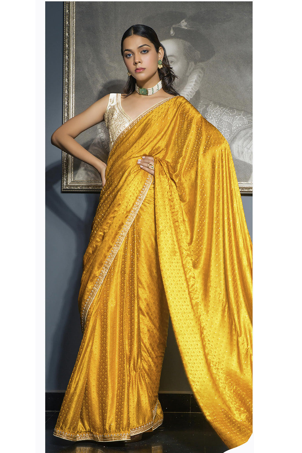 Mustard Yellow Satin Saree