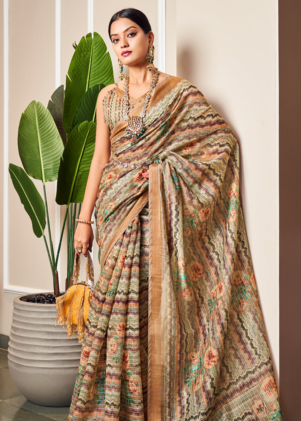 Antique Brass Brown Linen Saree with Digital Print